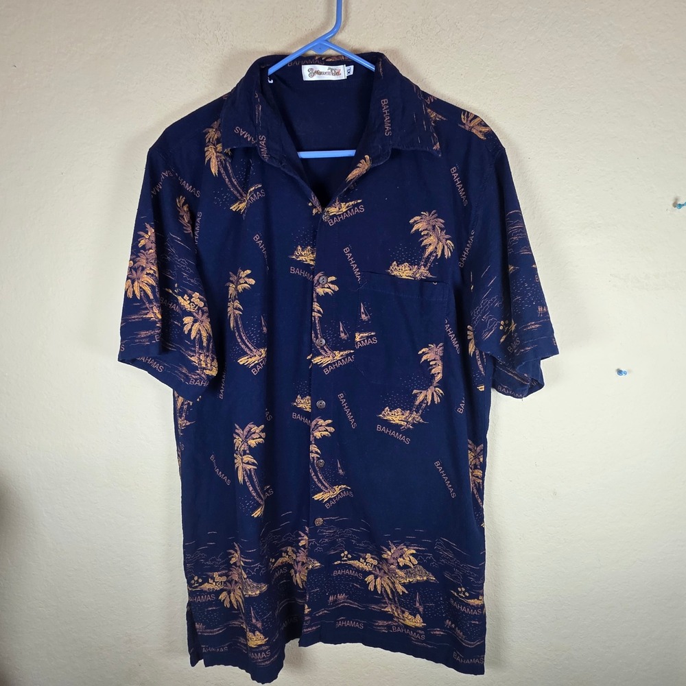 Shoreline Mens XL Bahamas Tropical Palm cruise vacation island Shirt Navy Blue